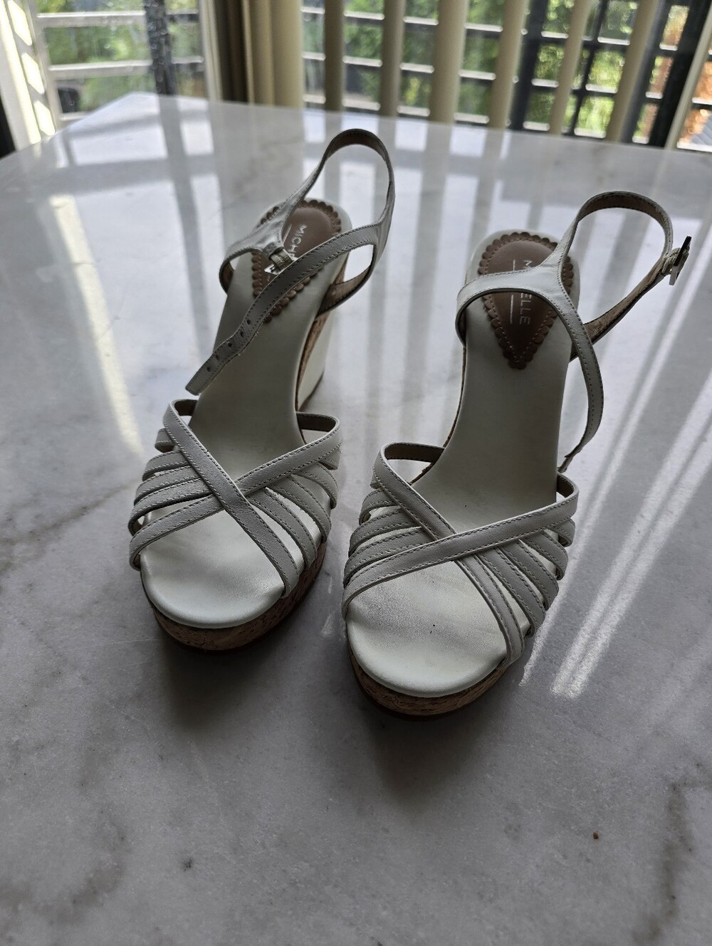 Michelle D White Strappy Wedge Sandals